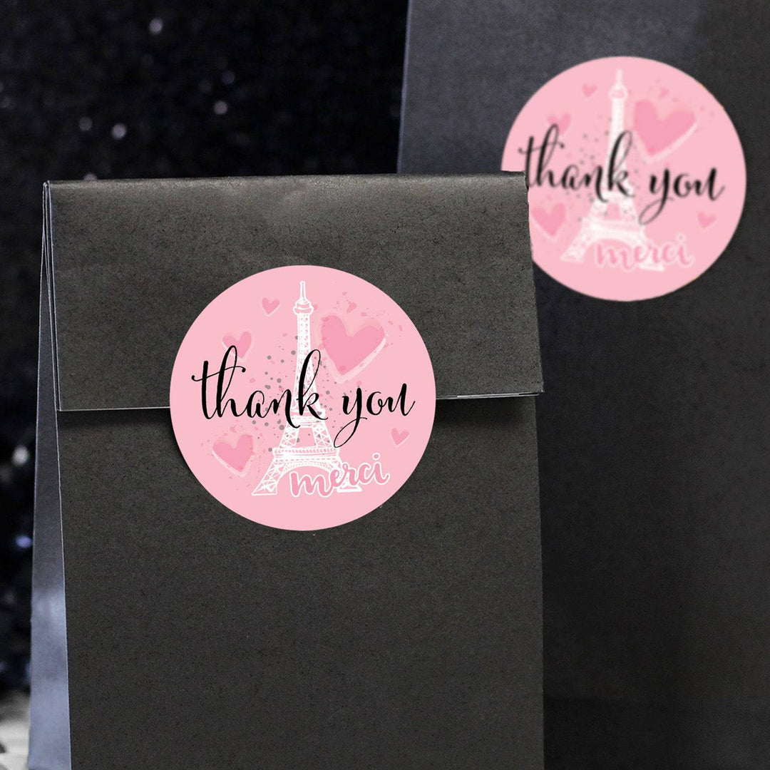 Paris in Pink: Kid's Birthday - Merci Thank You Round Labels - 40 Stickers