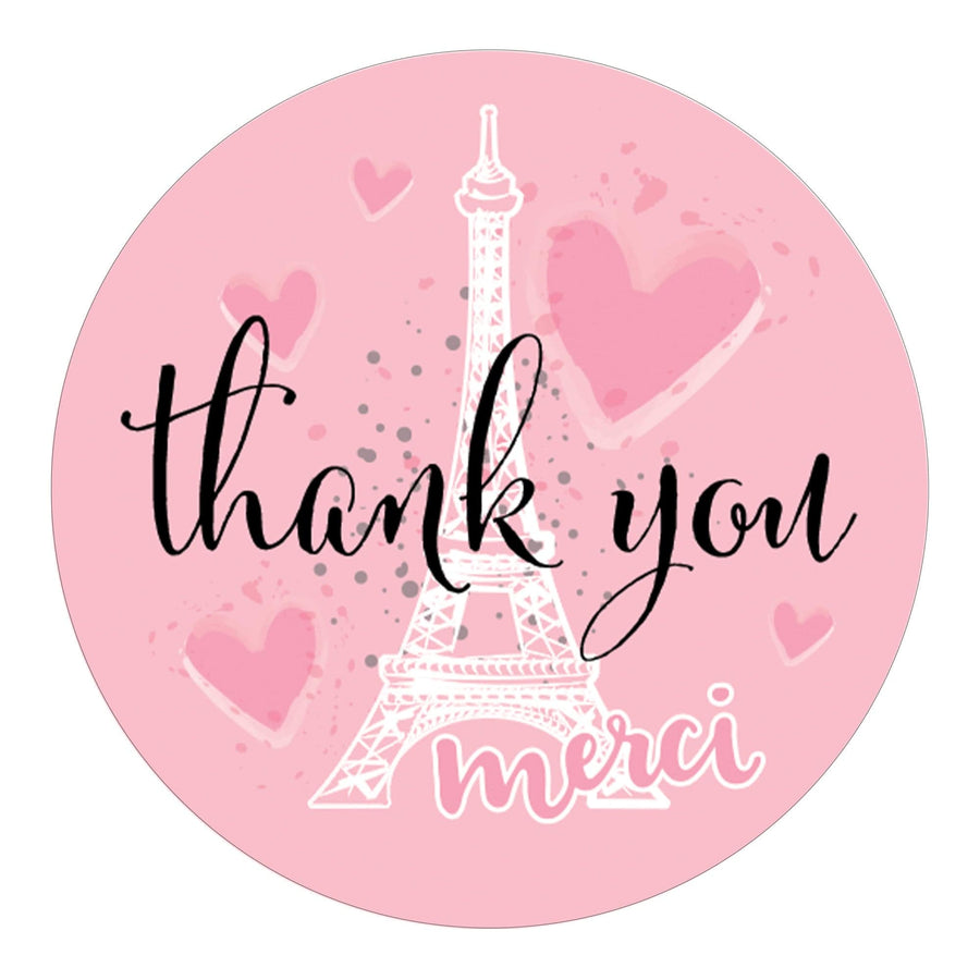 Paris in Pink: Kid's Birthday - Merci Thank You Round Labels - 40 Stickers - Distinctivs Party