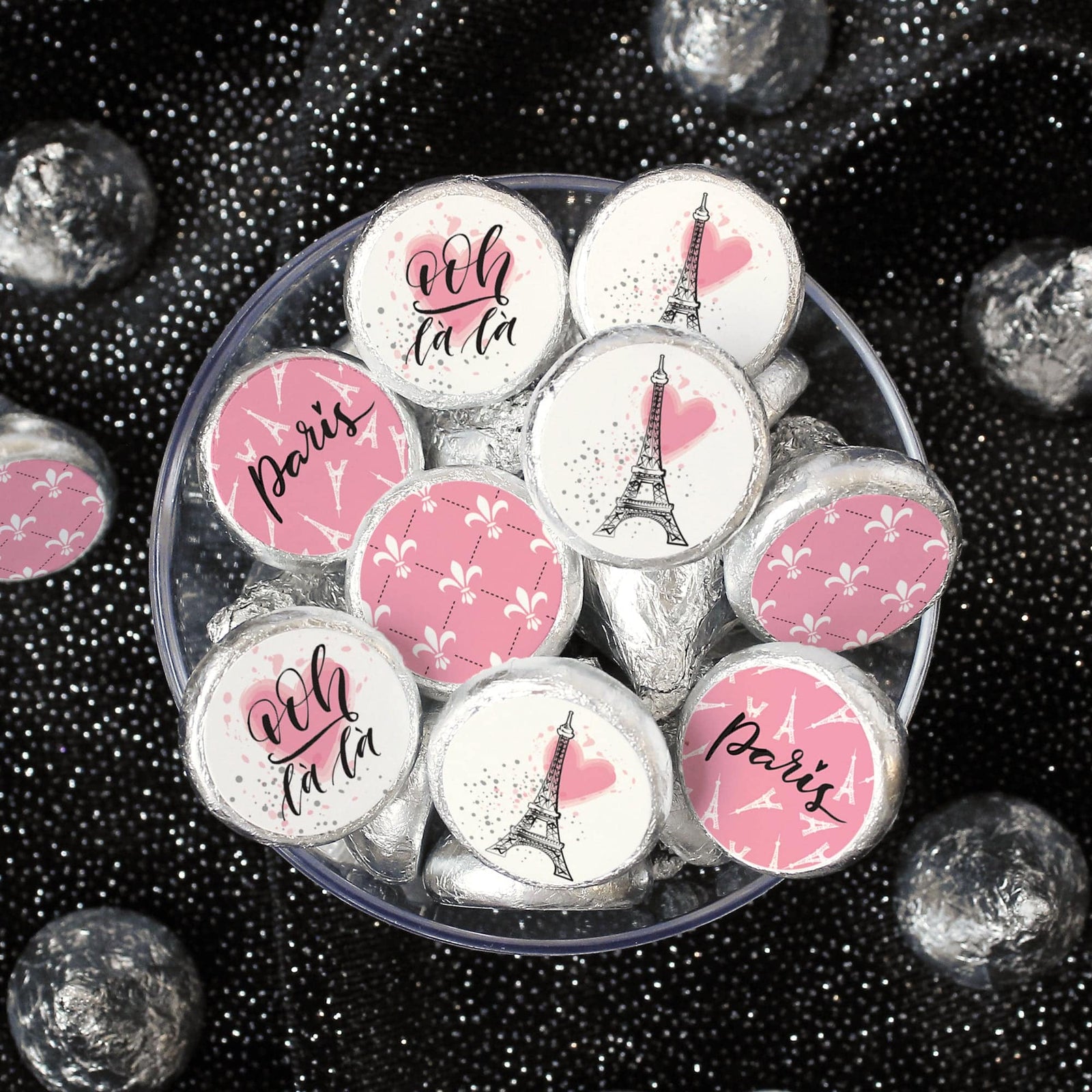 Paris in Pink: Kid's Birthday - Party Favor Stickers - Fits on Hershey's Kisses - 180 Stickers - Distinctivs Party