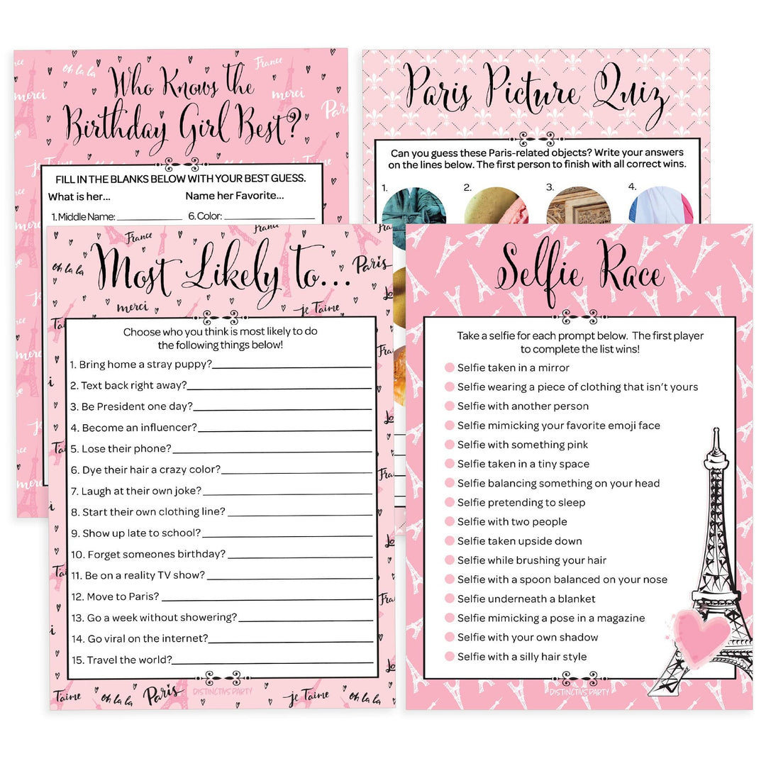 Paris in Pink: Kid's Birthday - Party Game Bundle - Most Likely To, Who Knows the Birthday Girl Best, Paris Picture Quiz & Selfie Race - 4 Game Bundle for 20 Players - 40 Dual Sided Cards