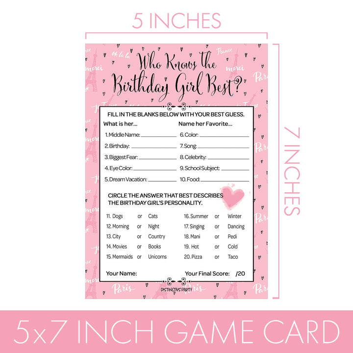 Paris in Pink: Kid's Birthday - Party Game Bundle - Most Likely To, Who Knows the Birthday Girl Best, Paris Picture Quiz & Selfie Race - 4 Game Bundle for 20 Players - 40 Dual Sided Cards