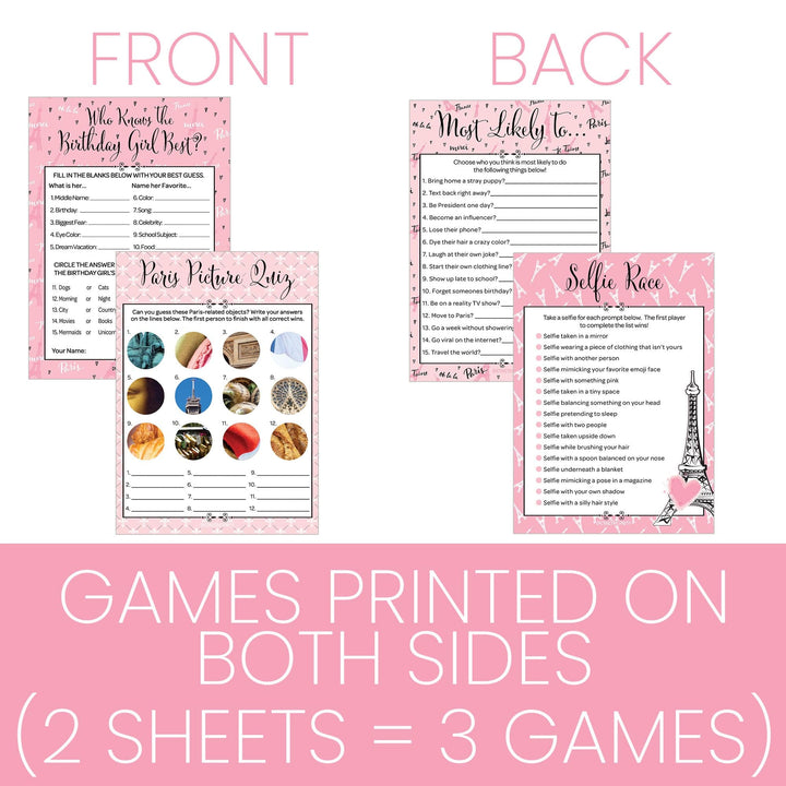 Paris in Pink: Kid's Birthday - Party Game Bundle - Most Likely To, Who Knows the Birthday Girl Best, Paris Picture Quiz & Selfie Race - 4 Game Bundle for 20 Players - 40 Dual Sided Cards