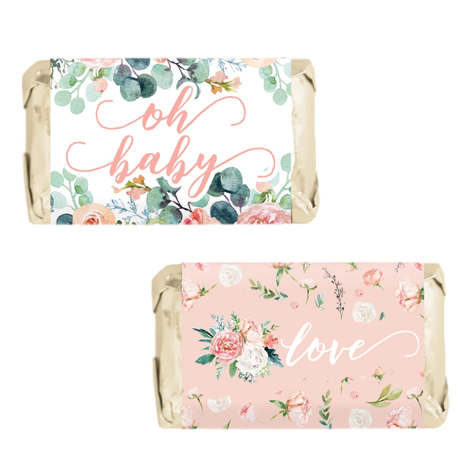 Pink Floral: Baby Shower Favor Mini Candy Bar Wrappers - Spring, Girl - 45 Stickers - Distinctivs Party