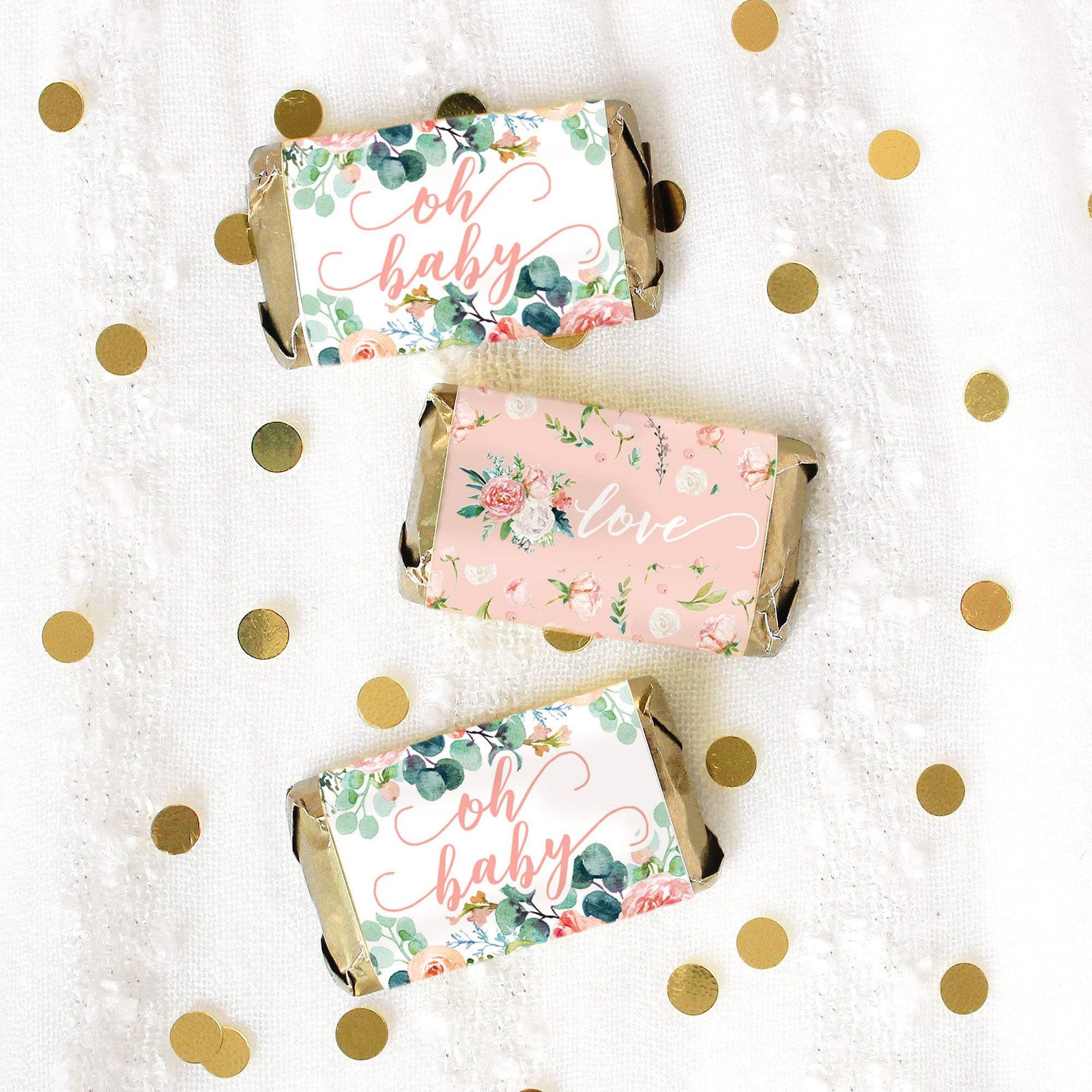 Pink Floral: Baby Shower Favor Mini Candy Bar Wrappers - Spring, Girl - 45 Stickers - Distinctivs Party