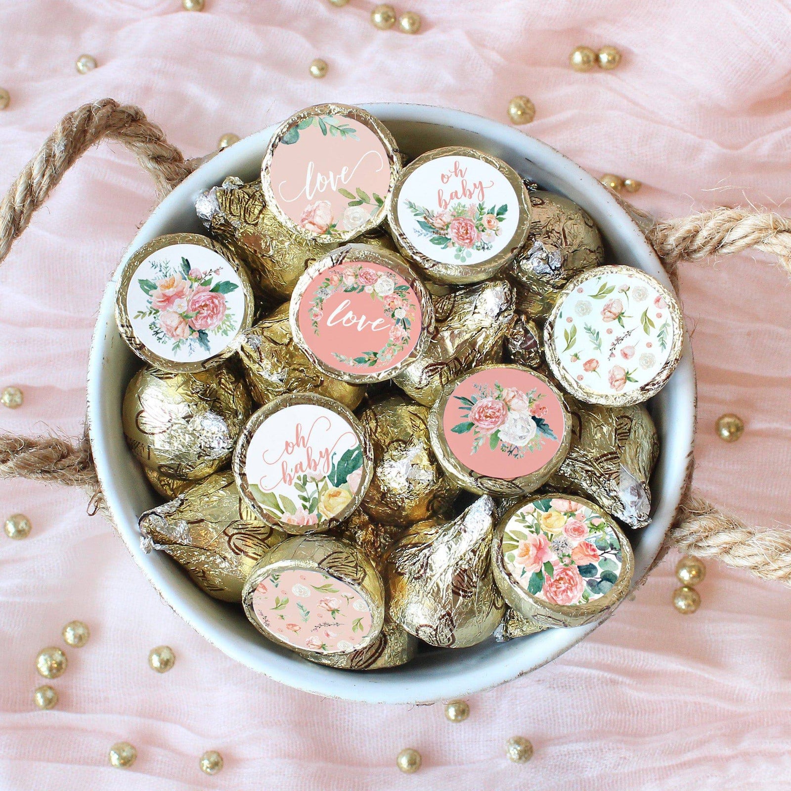 Pink Floral: Baby Shower Favor Stickers - Fits on Hershey's Kisses - Spring, Girl - 180 Stickers - Distinctivs Party