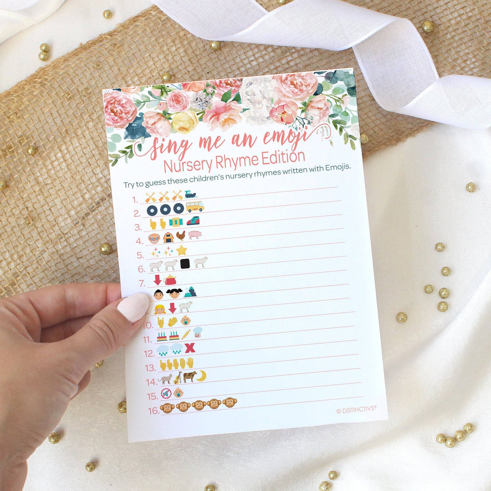 Pink Floral: Baby Shower Game - Guess the Nursery Rhyme Emoji - Spring, Girl - 20 Cards - Distinctivs Party