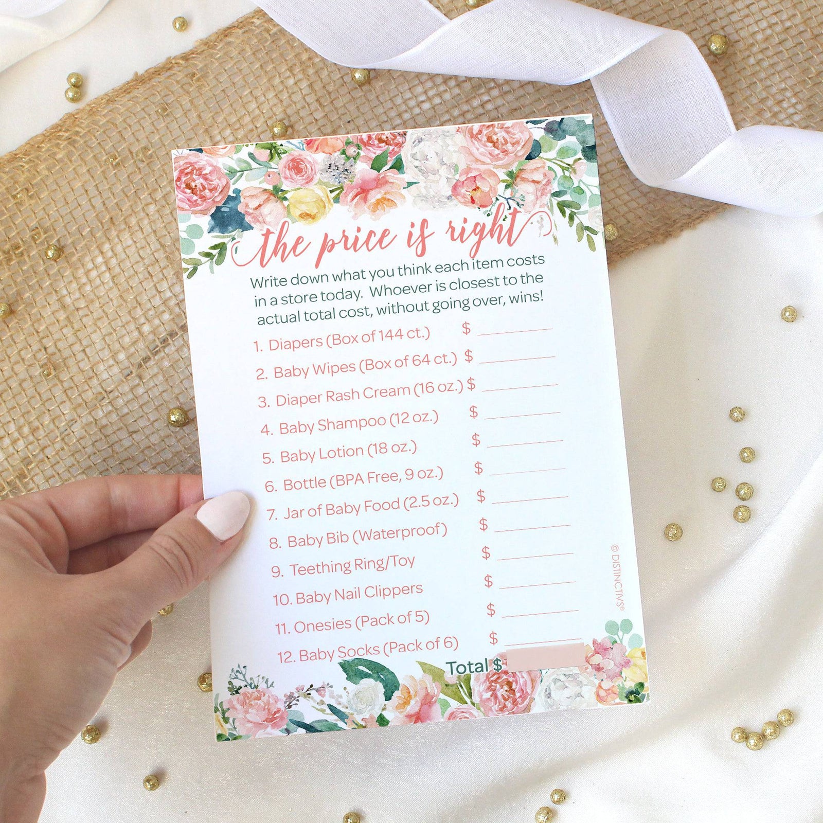 Pink Floral: Baby Shower Game - The Price is Right - Spring, Girl - 20 Game Cards - Distinctivs Party