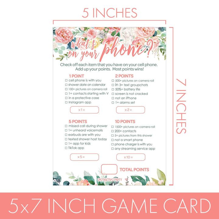 Pink Floral: Juego de baby shower - Qué hay en tu teléfono y Word Scramble - Paquete de dos juegos - Primavera, niña - 20 tarjetas de doble cara