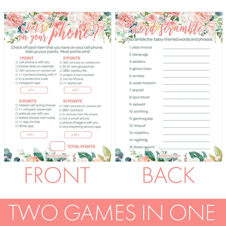 Pink Floral: Baby Shower Game -  What's On Your Phone and Word Scramble - Two Game Bundle - Spring, Girl - 20 Dual Sided Cards