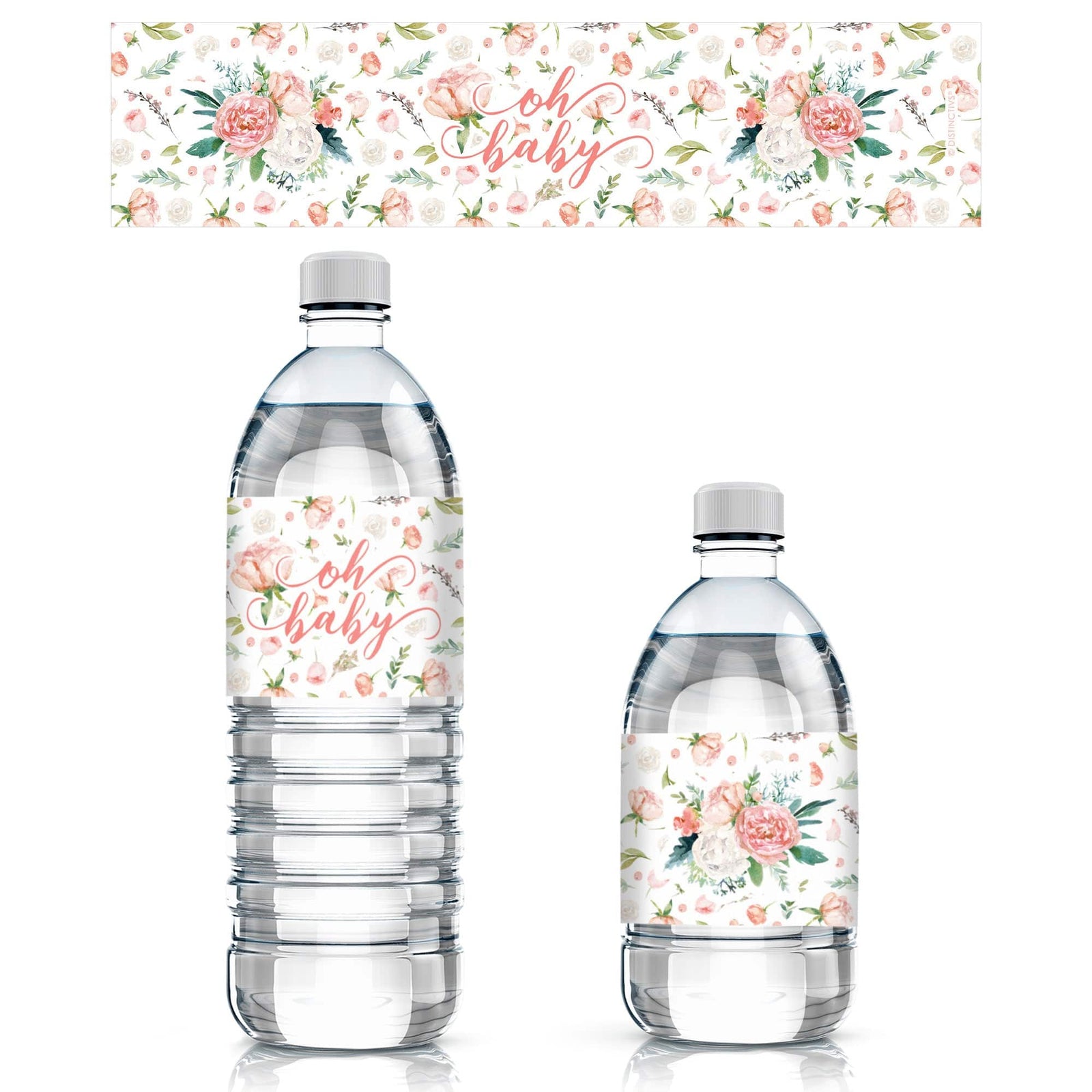 Pink Floral Baby: Shower Water Bottle Labels - Spring, Girl - 20 Stickers - Distinctivs Party