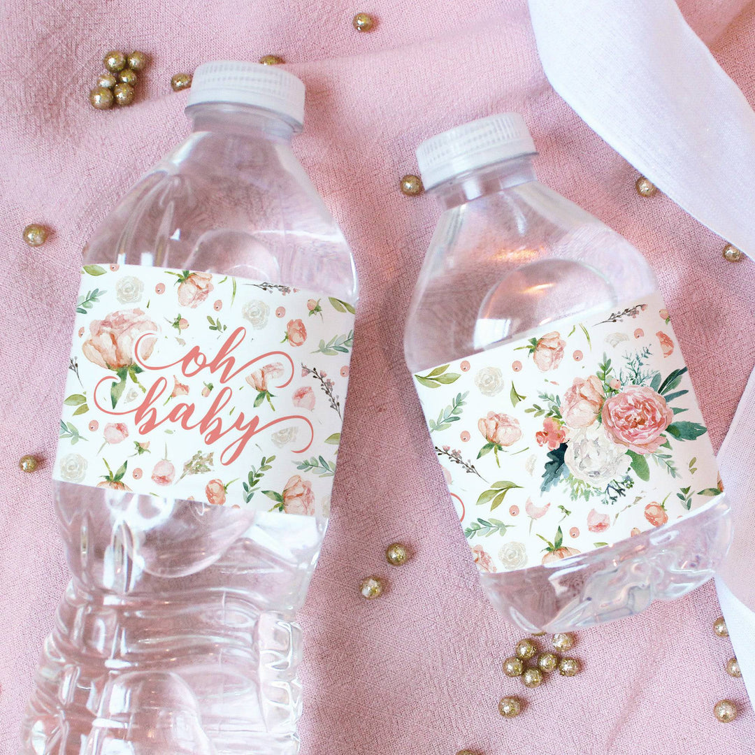 Bebé floral rosa: Etiquetas para botellas de agua de ducha - Primavera, Niña - 24 pegatinas