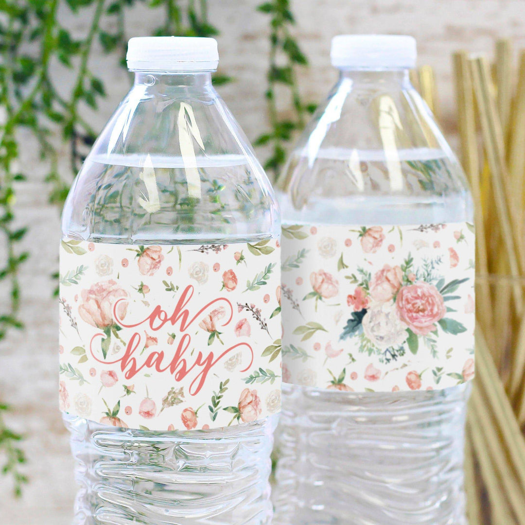 Bebé floral rosa: Etiquetas para botellas de agua de ducha - Primavera, Niña - 24 pegatinas