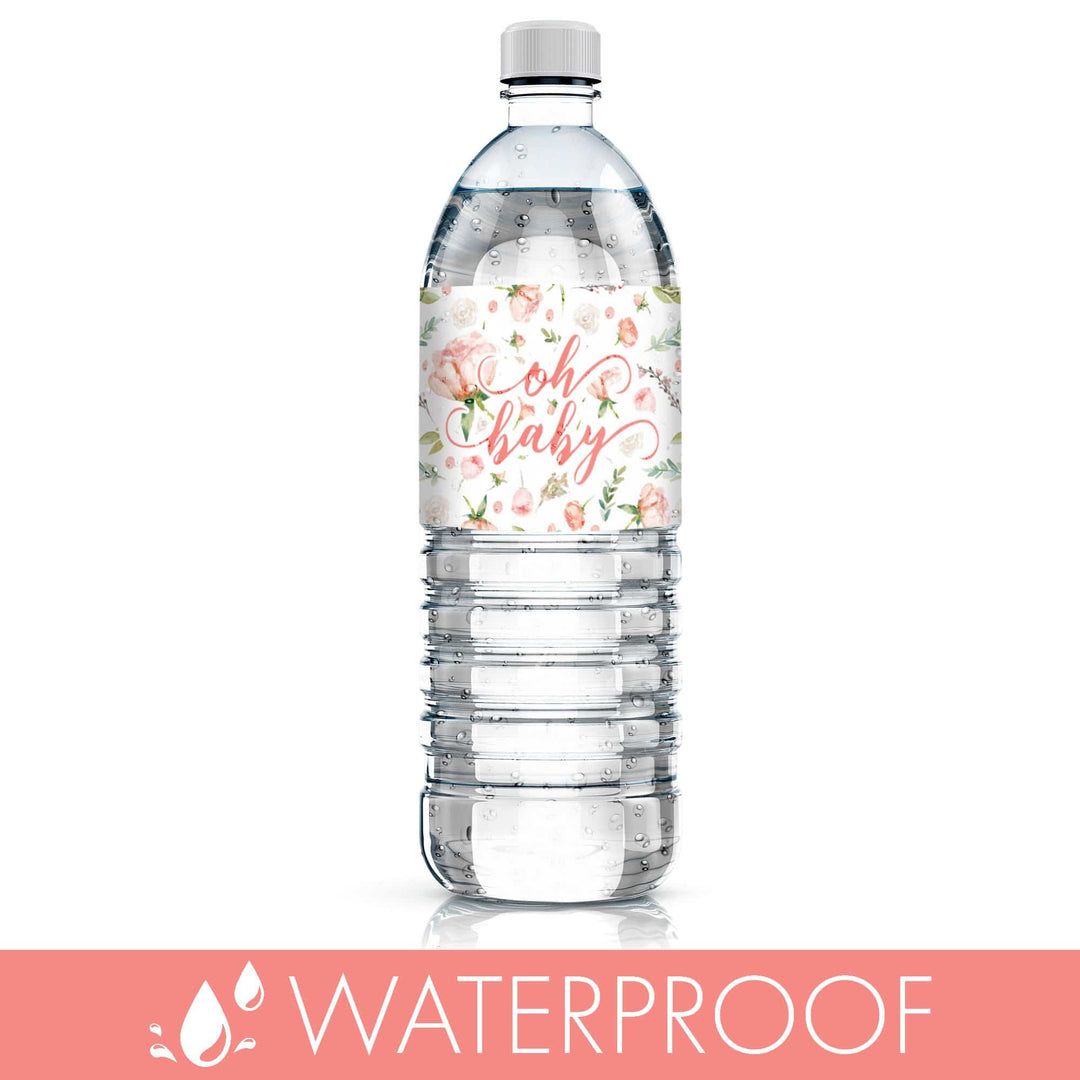 Bebé floral rosa: Etiquetas para botellas de agua de ducha - Primavera, Niña - 24 pegatinas