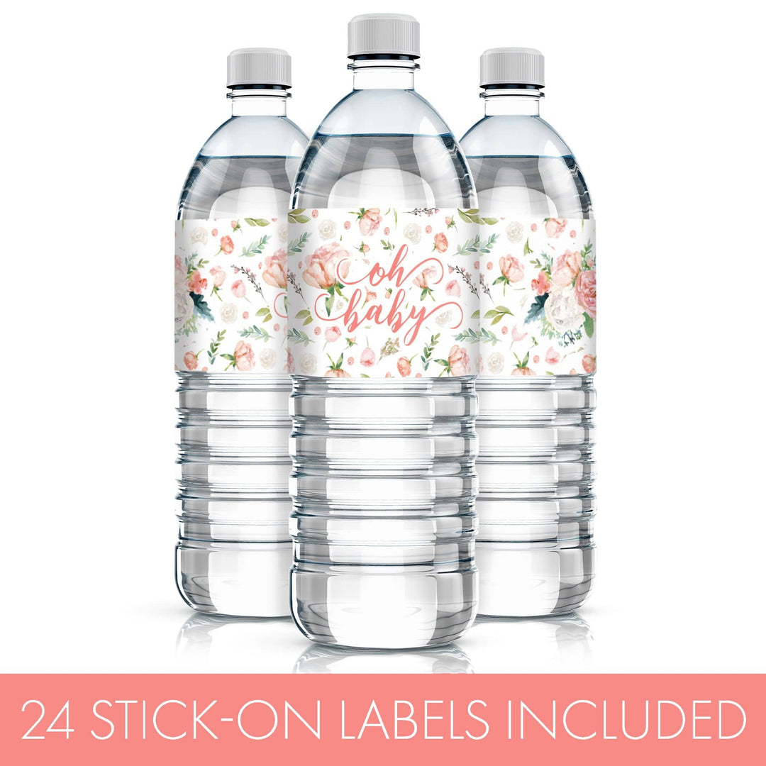 Pink Floral Baby: Shower Water Bottle Labels - Spring, Girl - 24 Stickers