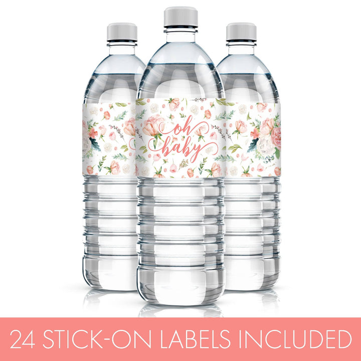 Pink Floral Baby: Shower Water Bottle Labels - Spring, Girl - 24 Stickers