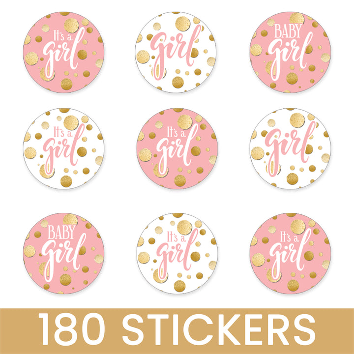 Gold Confetti: Pink - It's a Girl Baby Shower Favor Stickers - Fits on Chocolate Kisses - 180 Stickers
