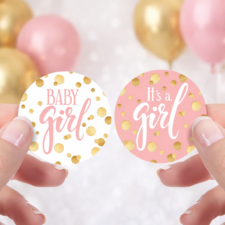 Gold Confetti: Pink - It's a Girl Baby Shower Circle Label Stickers - 40 Stickers