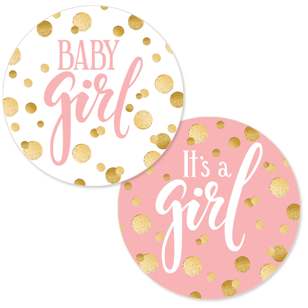 Gold Confetti: Pink - It's a Girl Baby Shower Circle Label Stickers - 40 Stickers