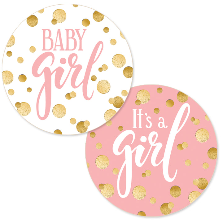 Gold Confetti: Pink - It's a Girl Baby Shower Circle Label Stickers - 40 Stickers
