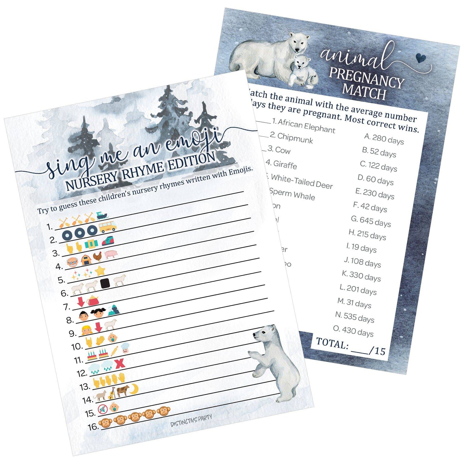 Polar Bear - Winter Baby Shower - Sing Me and Emoji & Animal Match Game -  Baby Shower Game - Two Game Bundle - 20 Dual Sided Cards - Distinctivs Party