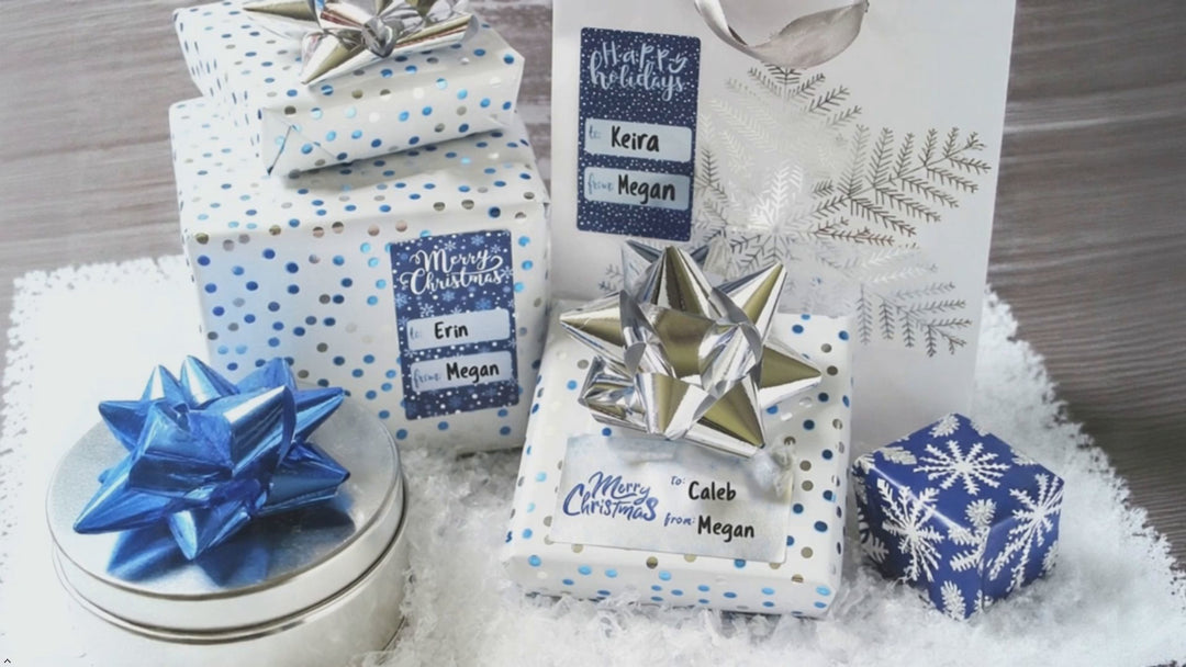 Christmas Gift Tag Stickers: Blue and Silver Foil Snowflake - 42 Stickers