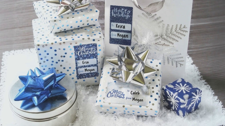 Christmas Gift Tag Stickers: Blue and Silver Foil Snowflake - 42 Stickers