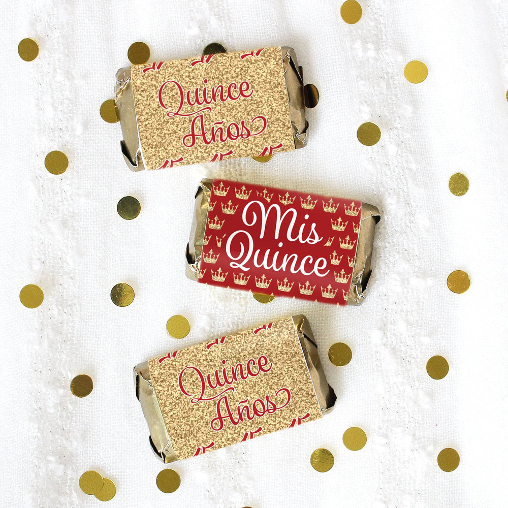 Quinceañera: Red & Gold - Sparkling Mis Quince 15th Birthday - Hershey® Miniatures Candy Bar Wrappers Stickers - 45 Stickers - Distinctivs Party