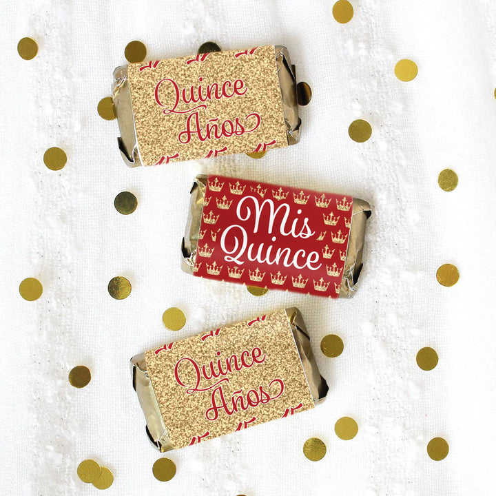 Quinceañera: Red & Gold - Sparkling Mis Quince 15th Birthday - Hershey® Miniatures Candy Bar Wrappers Stickers - 45 Stickers