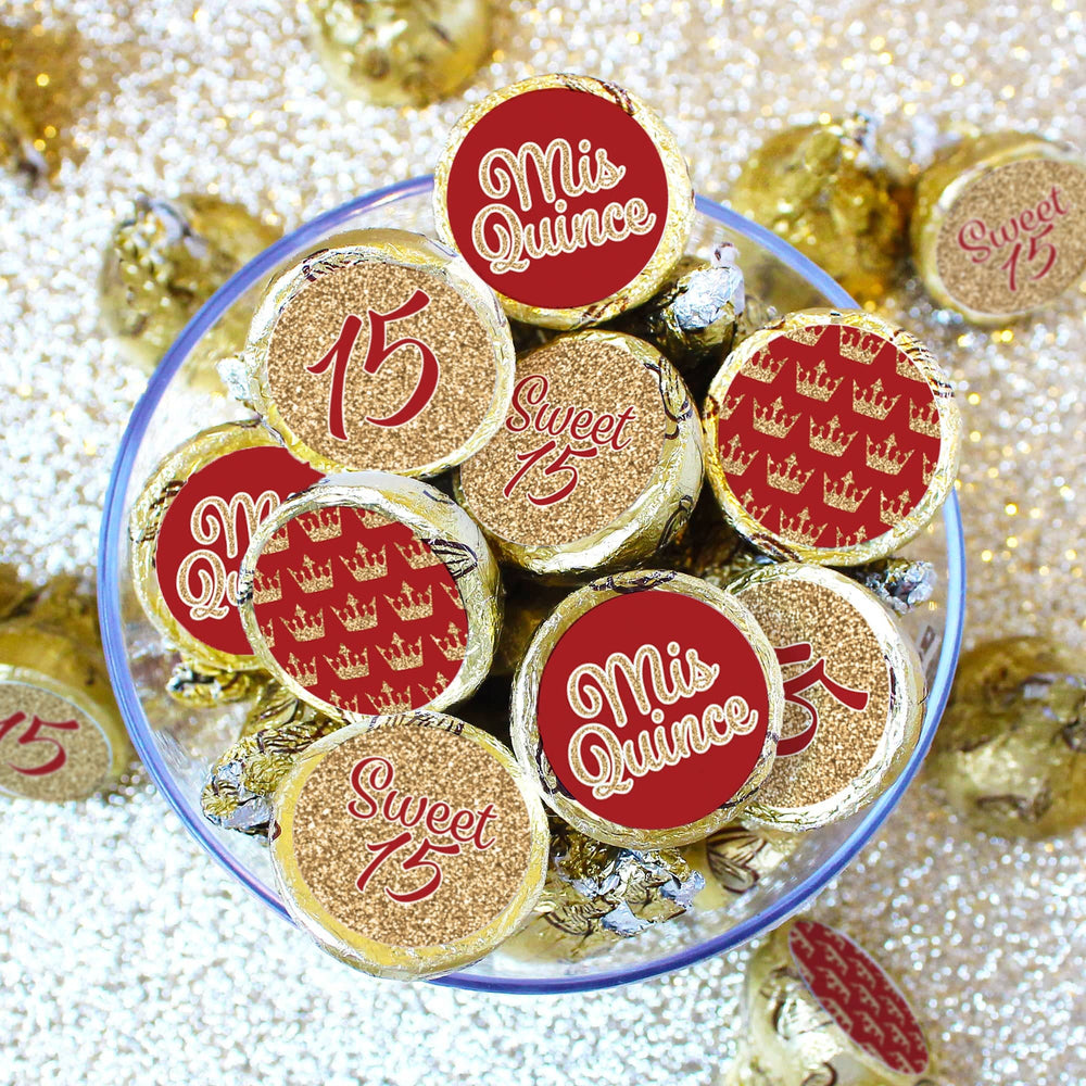 Quinceañera: Red & Gold - Sparkling Mis Quince 15th Birthday - Party Favor Stickers - Fits on Hershey® Kisses - 180 Stickers - Distinctivs Party