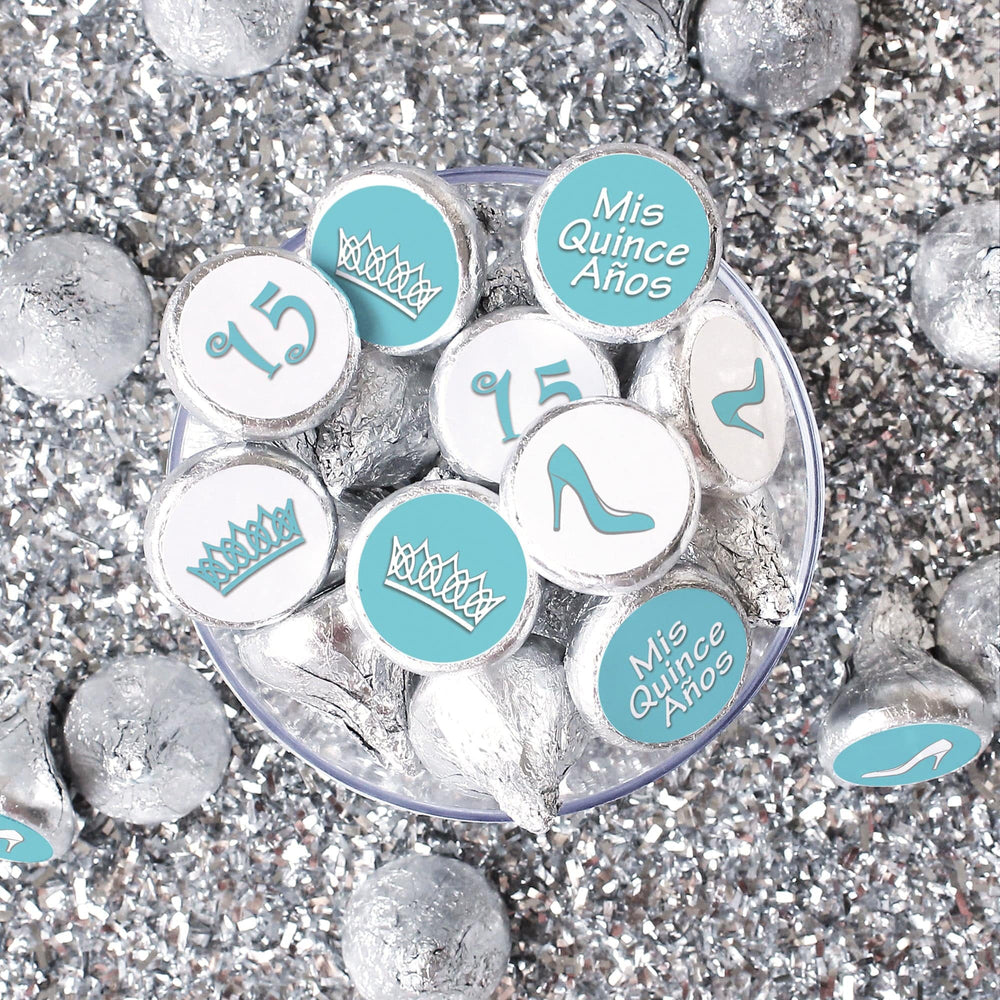 Quinceañera: Robin's Egg Blue - Party Favor Stickers - Fits on Hershey's Kisses - 180 Stickers - Distinctivs Party