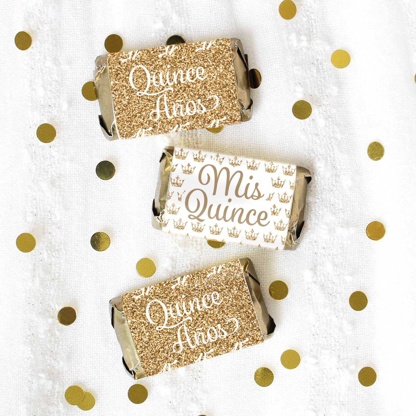 Quinceañera: White & Gold - Sparkling Mis Quince 15th Birthday - Hershey® Miniatures Candy Bar Wrappers Stickers - 45 Stickers - Distinctivs Party