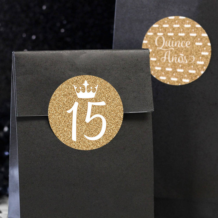 Quinceañera: White & Gold - Sparkling Mis Quince 15th Birthday - Party Favor Stickers - 40 Stickers - Distinctivs Party