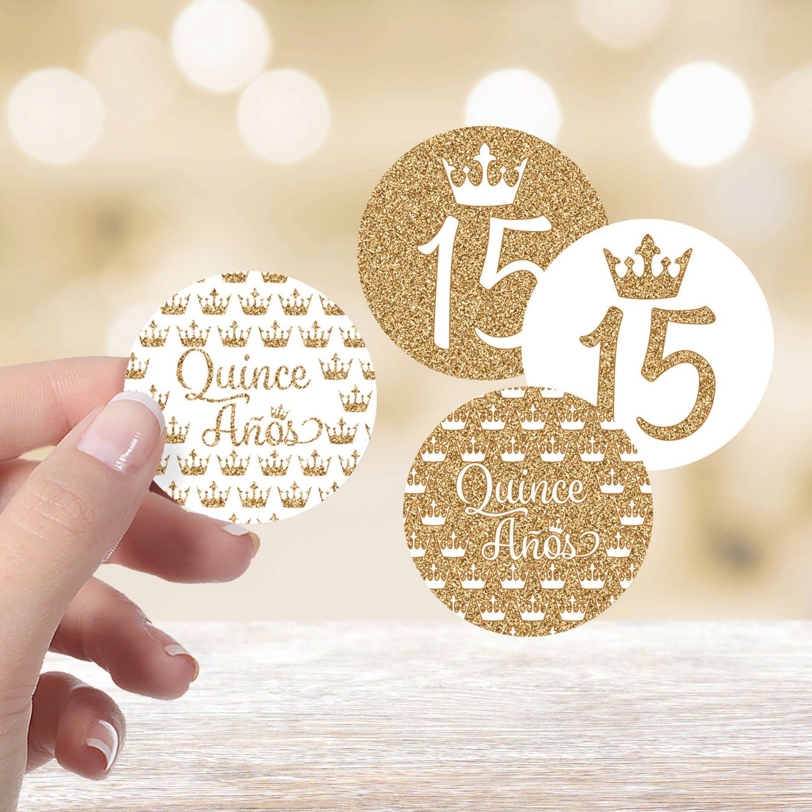 Quinceañera: White & Gold - Sparkling Mis Quince 15th Birthday - Party Favor Stickers - 40 Stickers - Distinctivs Party