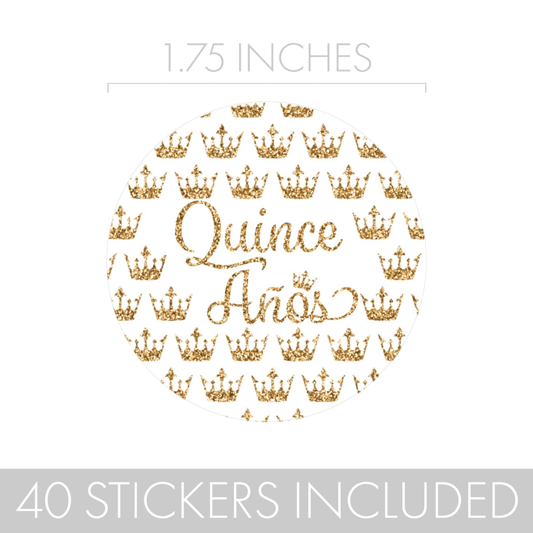 Quinceañera: White & Gold - Sparkling Mis Quince 15th Birthday - Party Favor Stickers - 40 Stickers - Distinctivs Party
