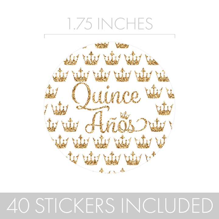 Quinceañera: White & Gold - Sparkling Mis Quince 15th Birthday - Party Favor Stickers - 40 Stickers - Distinctivs Party