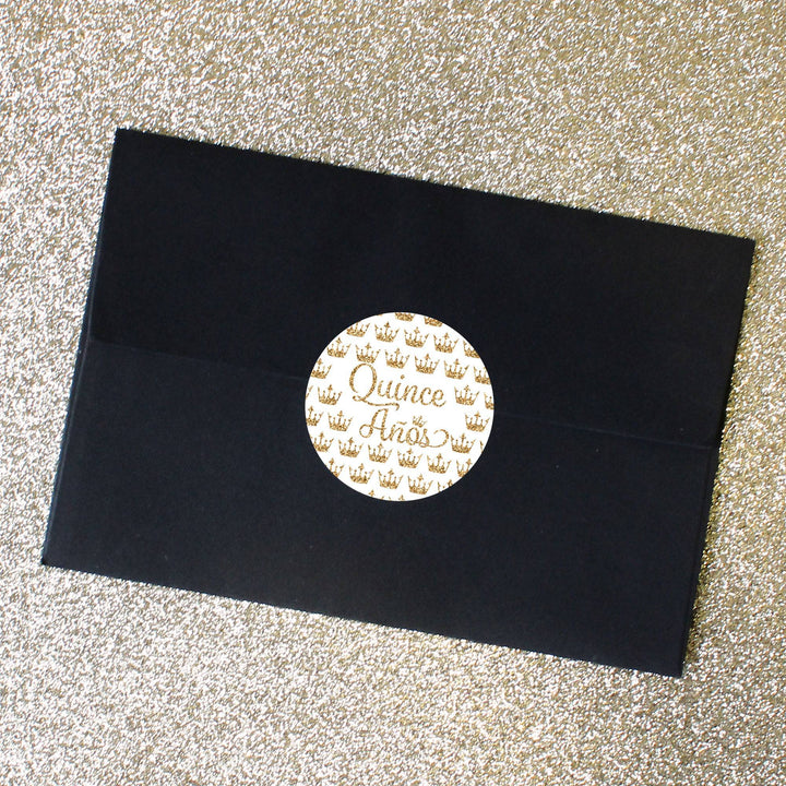 Quinceañera: White & Gold - Sparkling Mis Quince 15th Birthday - Party Favor Stickers - 40 Stickers - Distinctivs Party
