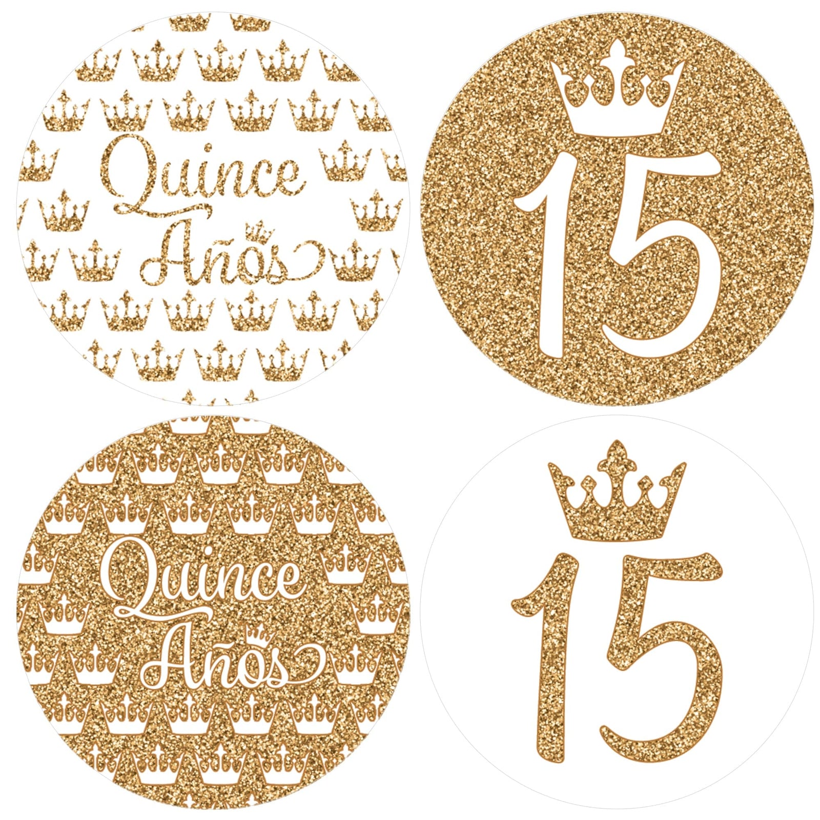 Quinceañera: White & Gold - Sparkling Mis Quince 15th Birthday - Party Favor Stickers - 40 Stickers - Distinctivs Party