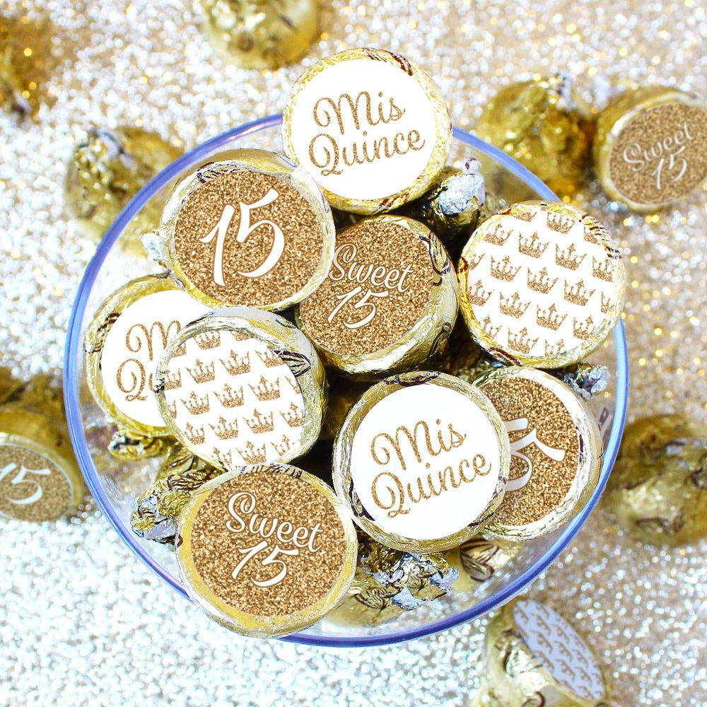 Quinceañera: White & Gold - Sparkling Mis Quince 15th Birthday - Party Favor Stickers - Fits on Hershey®Kisses - 180 Stickers - Distinctivs Party