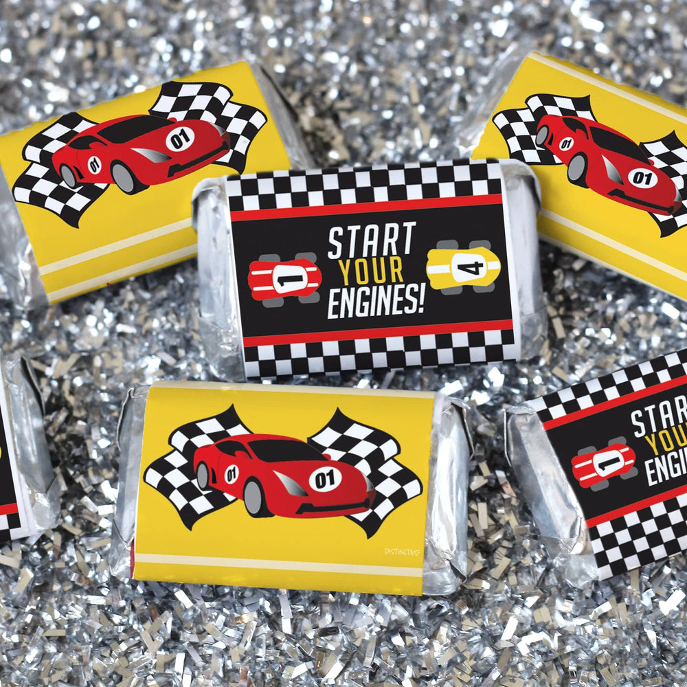 Race Car - Kid's Birthday - Hershey's Miniatures Candy Bar Wrappers Stickers - 45 Stickers - Distinctivs Party