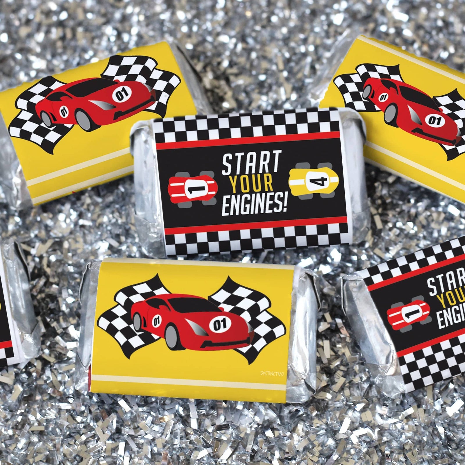 Race Car - Kid's Birthday - Hershey's Miniatures Candy Bar Wrappers Stickers - 42 Stickers - Distinctivs Party