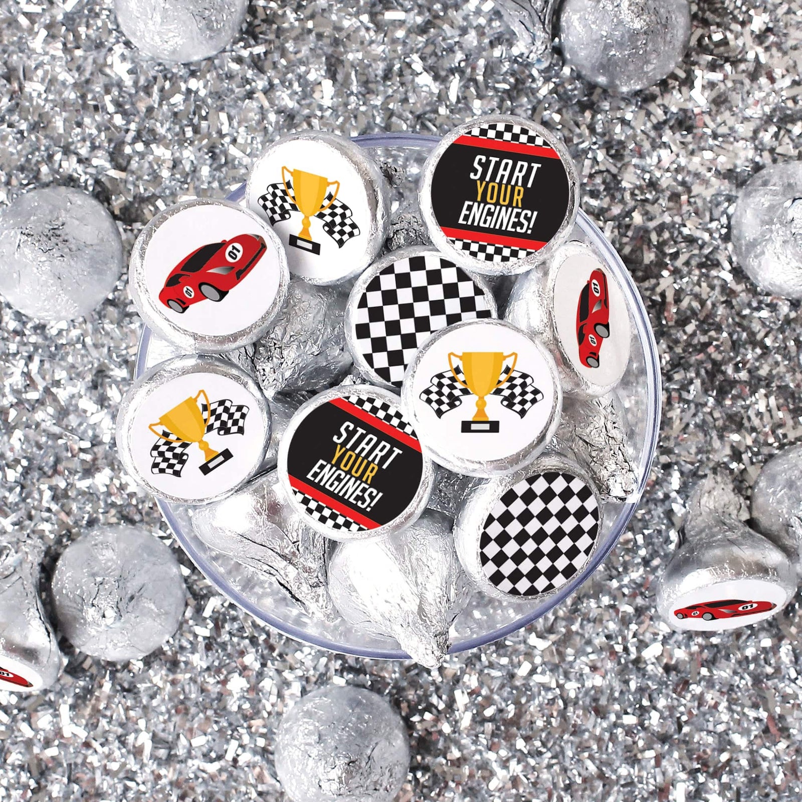 Race Car: Kid's Birthday - Party Favor Stickers - Fits on Hershey's Kisses -  180 Stickers - Distinctivs Party