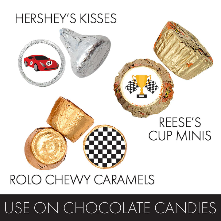 Race Car: Kid's Birthday - Party Favor Stickers - Fits on Hershey's Kisses -  180 Stickers - Distinctivs Party