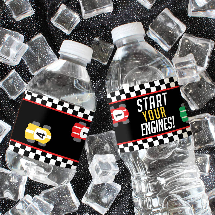 Race Car - Kid's Birthday -  Water Bottle Labels - 24 Waterproof Stickers - Distinctivs Party