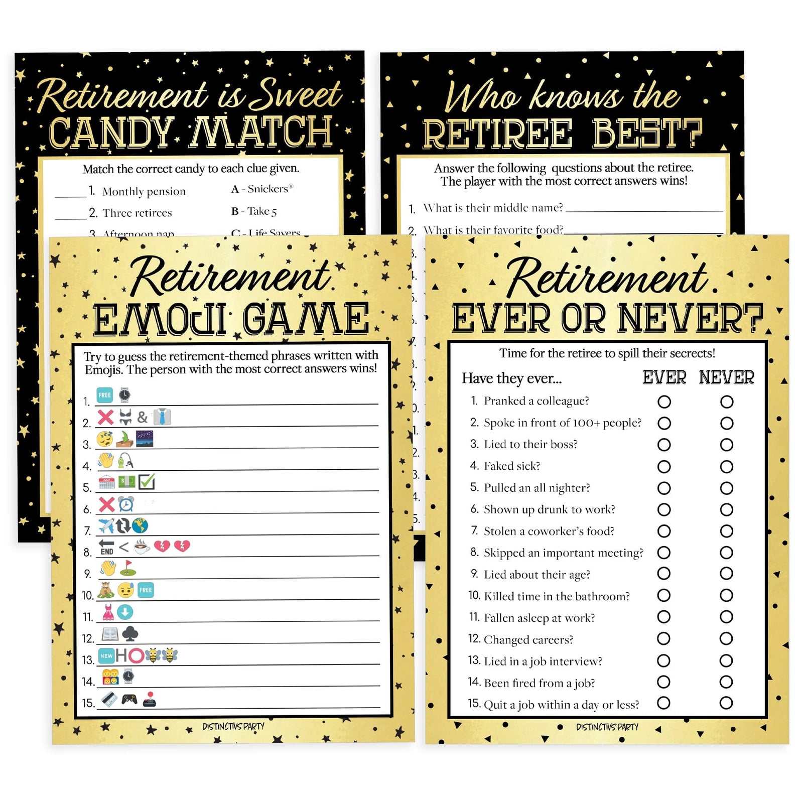 Retirement: Black and Gold -  Party Game Bundle, 4 Games for 20 Players - 40 Dual Sided Cards - Distinctivs Party