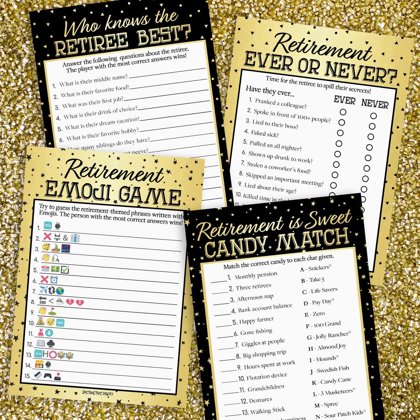 Retirement: Black and Gold -  Party Game Bundle, 4 Games for 20 Players - 40 Dual Sided Cards - Distinctivs Party