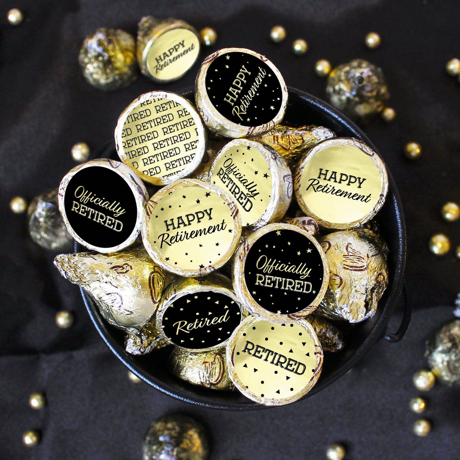 Retirement Party: Black and Gold Shiny Foil - Favor Stickers - Fits on Hershey's Kisses - 180 Stickers - Distinctivs Party