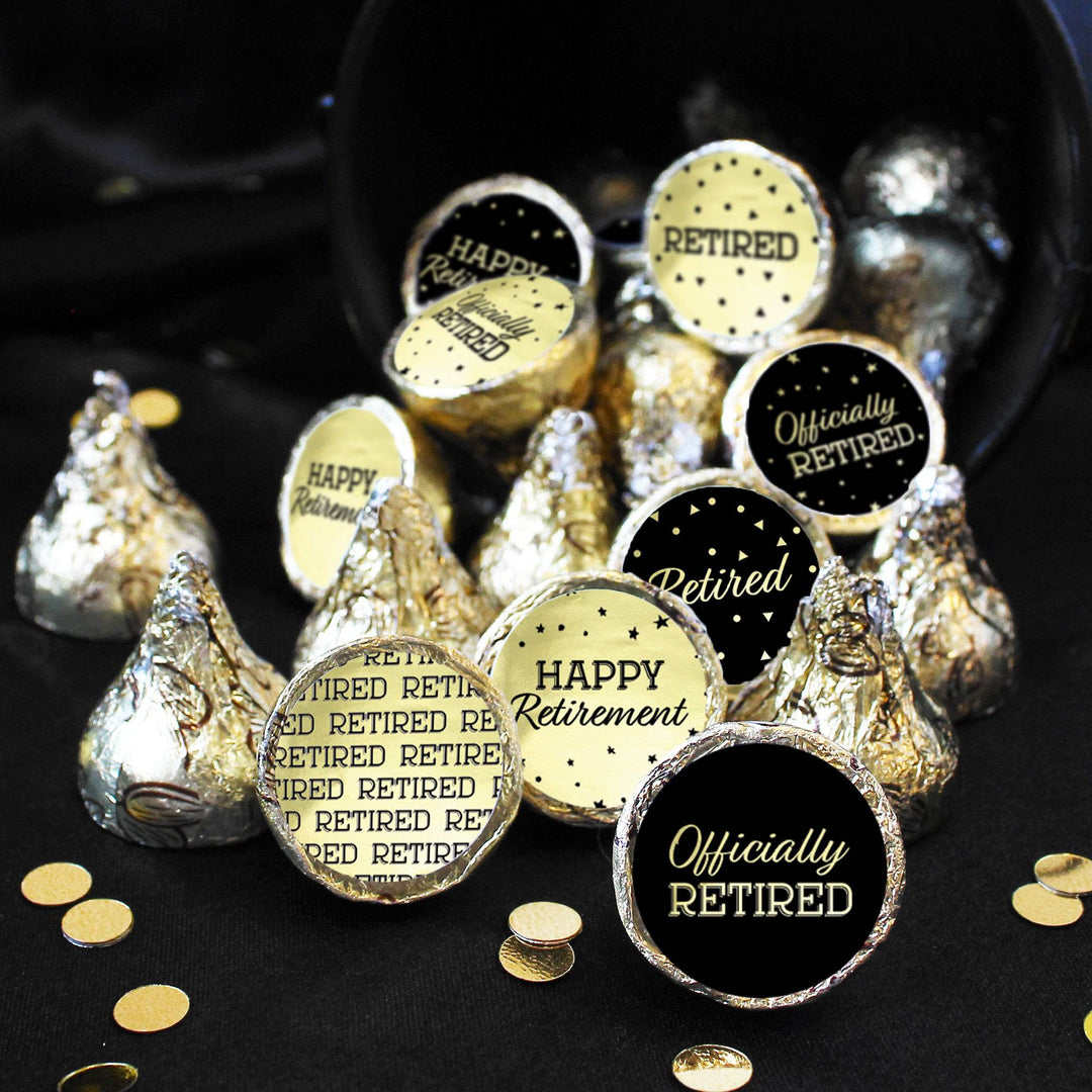 Retirement Party: Black and Gold Shiny Foil - Favor Stickers - Fits on Hershey's Kisses - 180 Stickers