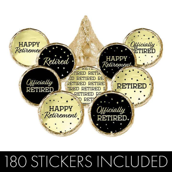 Retirement Party: Black and Gold Shiny Foil - Favor Stickers - Fits on Hershey's Kisses - 180 Stickers