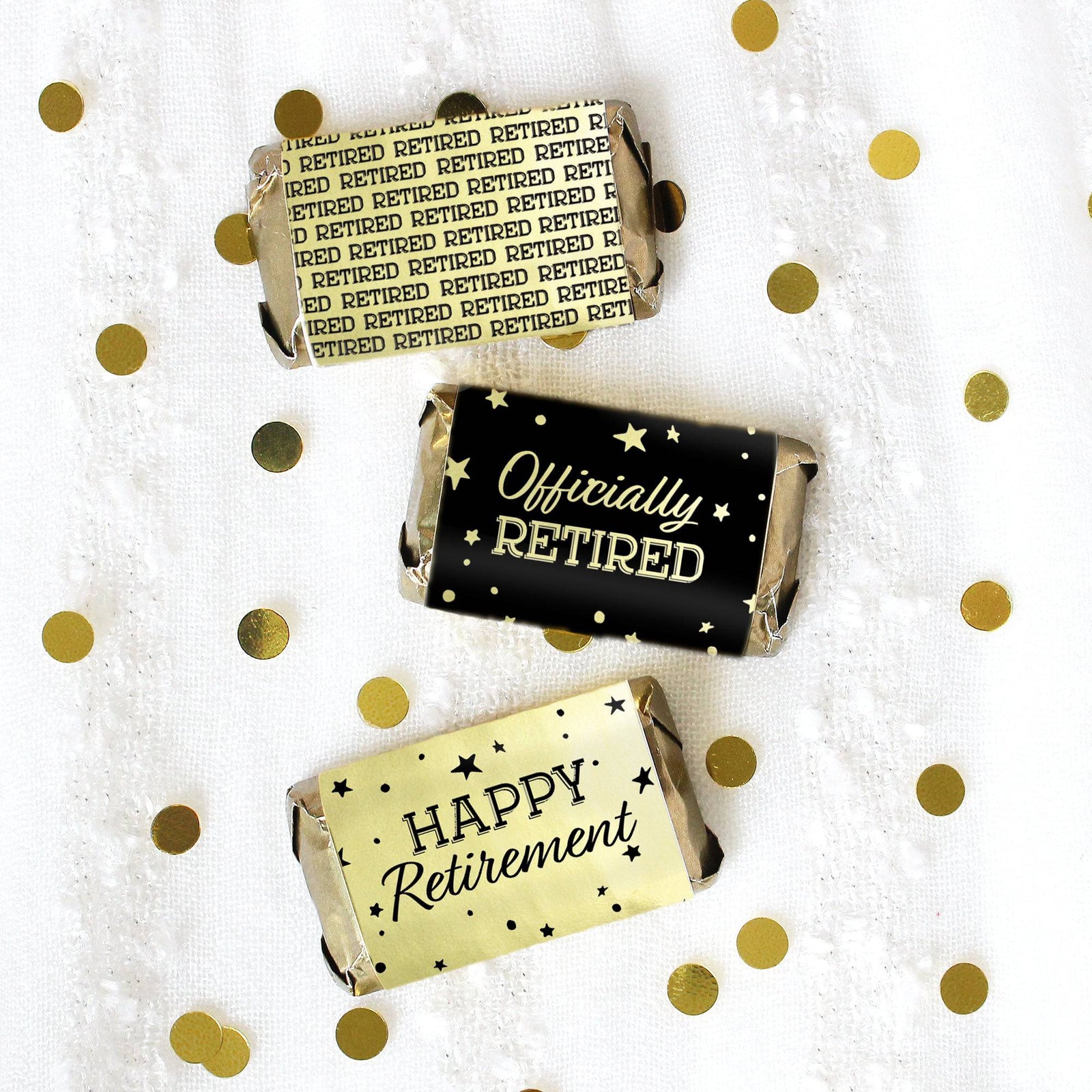 Retirement Party: Black and Gold Shiny Foil - Mini Candy Bar Wrappers - 45 Stickers - Distinctivs Party