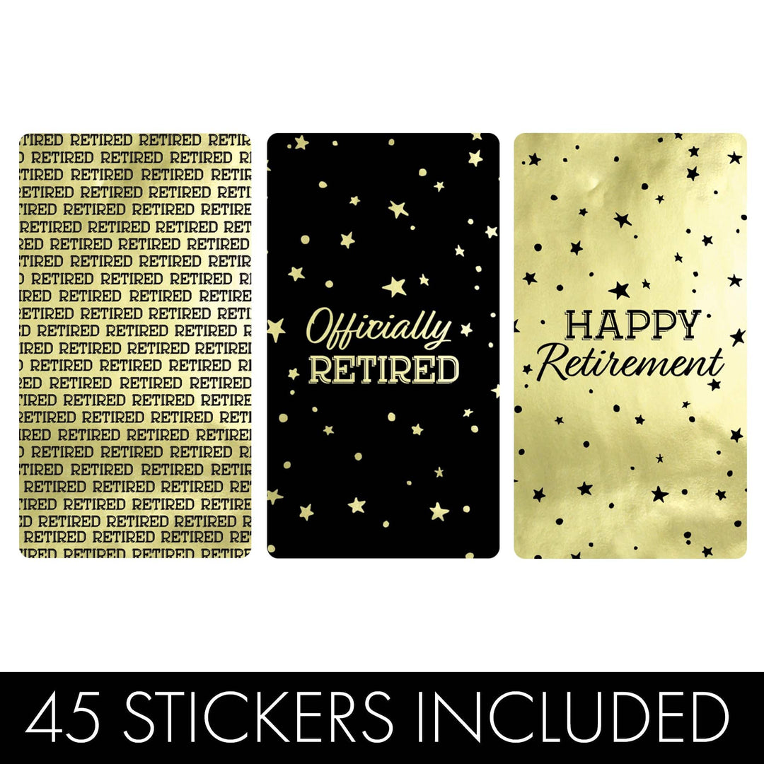 Retirement Party: Black and Gold Shiny Foil - Mini Candy Bar Wrappers - 45 Stickers